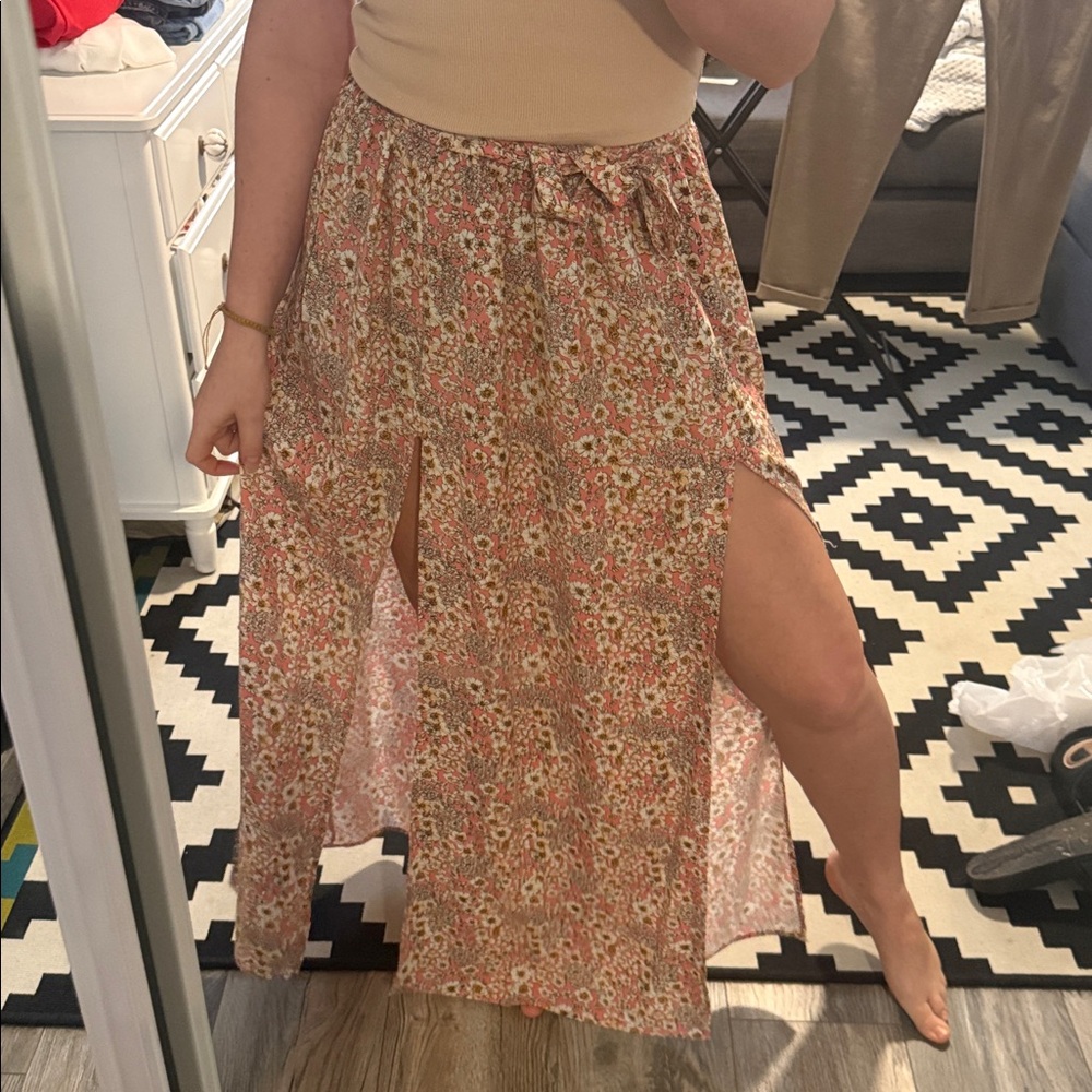Floral Pink Tie-Waist Maxi Skirt with two slits